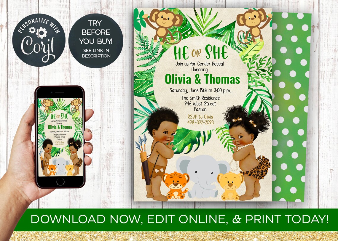 Safari Jungle Gender Reveal Invitation Safari Jungle Etsy