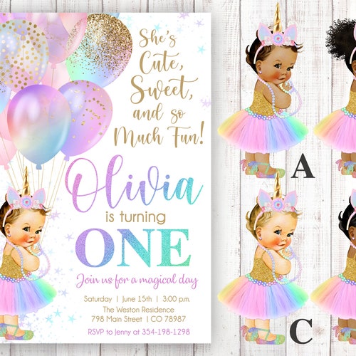 UNICORN INVITATION INVITE 1ST FIRST BIRTHDAY PARTY PASTEL RAINBOW FLORAL ANY AGE 