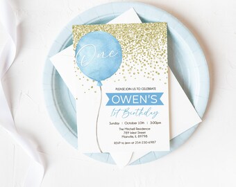 First Birthday Boy Birthday Party Invitation, One Year, Boys 1st Birthday, Balloon, Digital or Printed