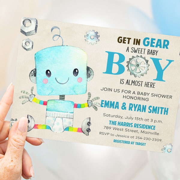 Robot-Themed Boy Baby Shower Invitation, Baby Boy Robot Invitation, Baby Shower Card,  Digital or Printed