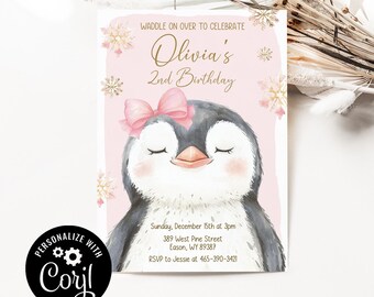 Invitación de fiesta de cumpleaños de niña pingüino, fiesta de invierno, copos de nieve, rosa y dorado, invitación, linda, digital, editable, DESCARGA INSTANTÁNEA