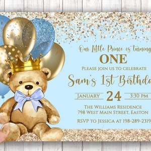 Invito di compleanno di Prince Teddy Bear, Orso, Principe, Re, Reale, Oro, Blu, Ragazzo, 1°, Primo, Uno, Palloncini, QUALSIASI ETÀ, Digitale o Stampato