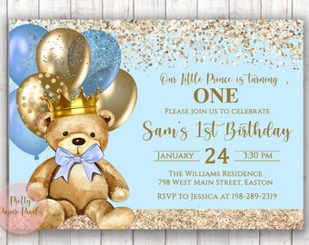 Prince Teddy Bear Birthday Invitation, Bear, Prince, King, Royal, Gold, Blue, Boy, 1st, First, One, Balloons, ANY AGE, Digital or Printed
