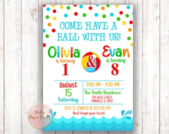 Beach Ball Birthday Invitation, Pool Party, Summer, Joint Party,  Sibling, Splish Splash, Boy, Girl, First,  Party, Digital or Printed