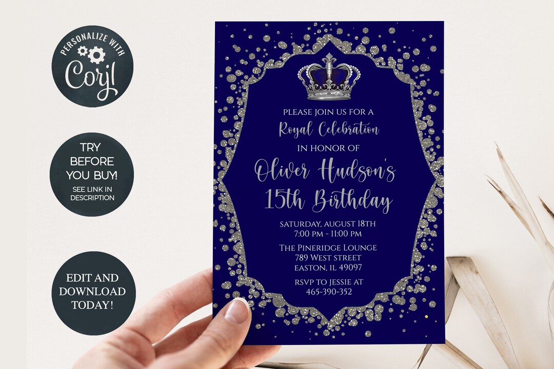 Royal Birthday Party Invitation, Blue, Silver, Crown, Prince, King