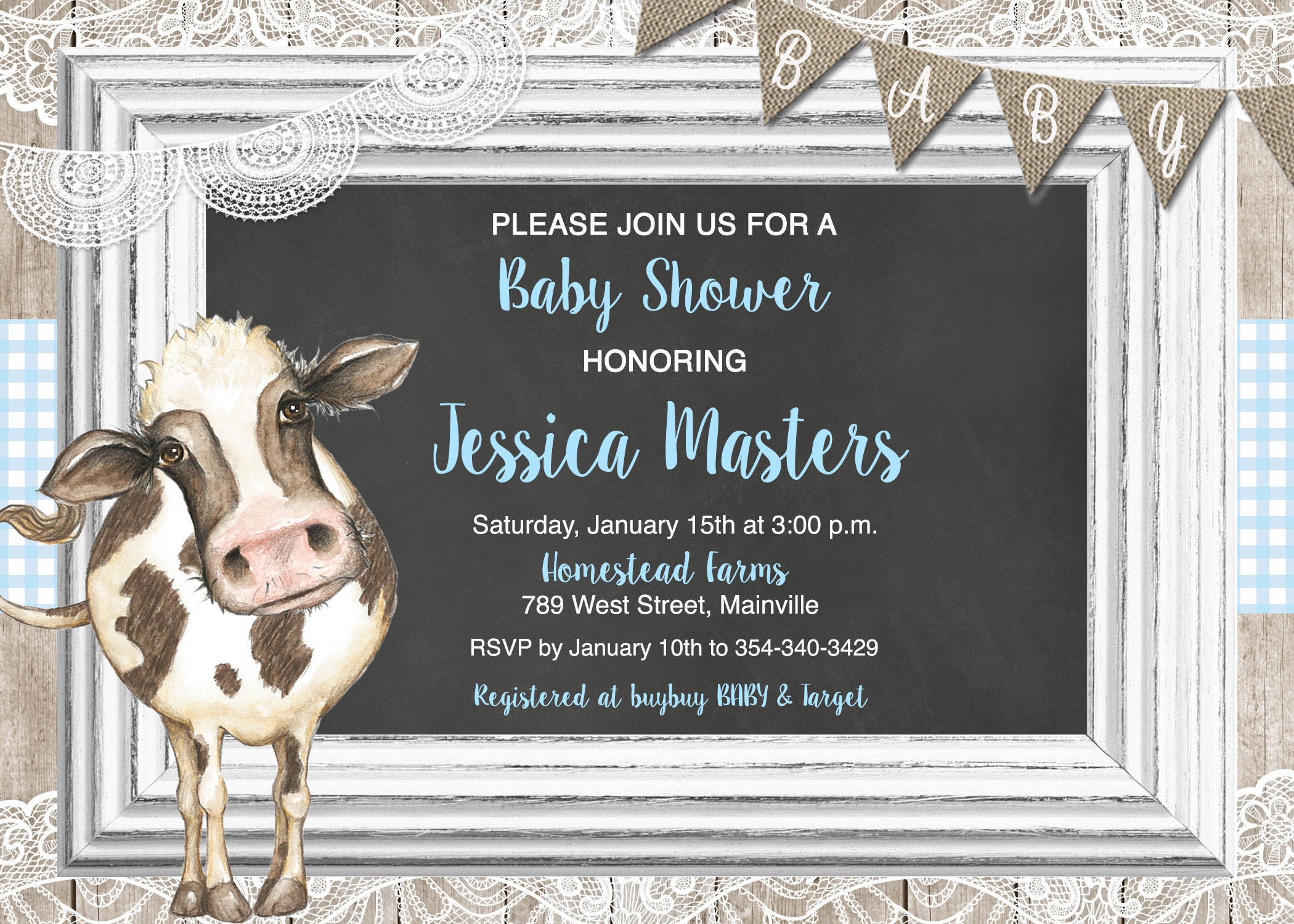 Cow Baby Shower Invitation Boy Farm Baby Boy Blue Baby Etsy