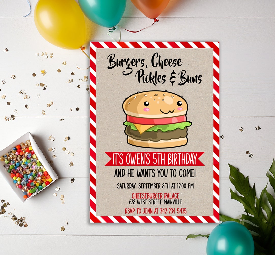 Cheeseburger Birthday Party Invitation, Burger Party, Kids Adults