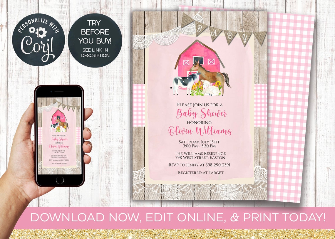 Farm Girl Baby Shower Invitation Farm Animal Cow Horse Etsy