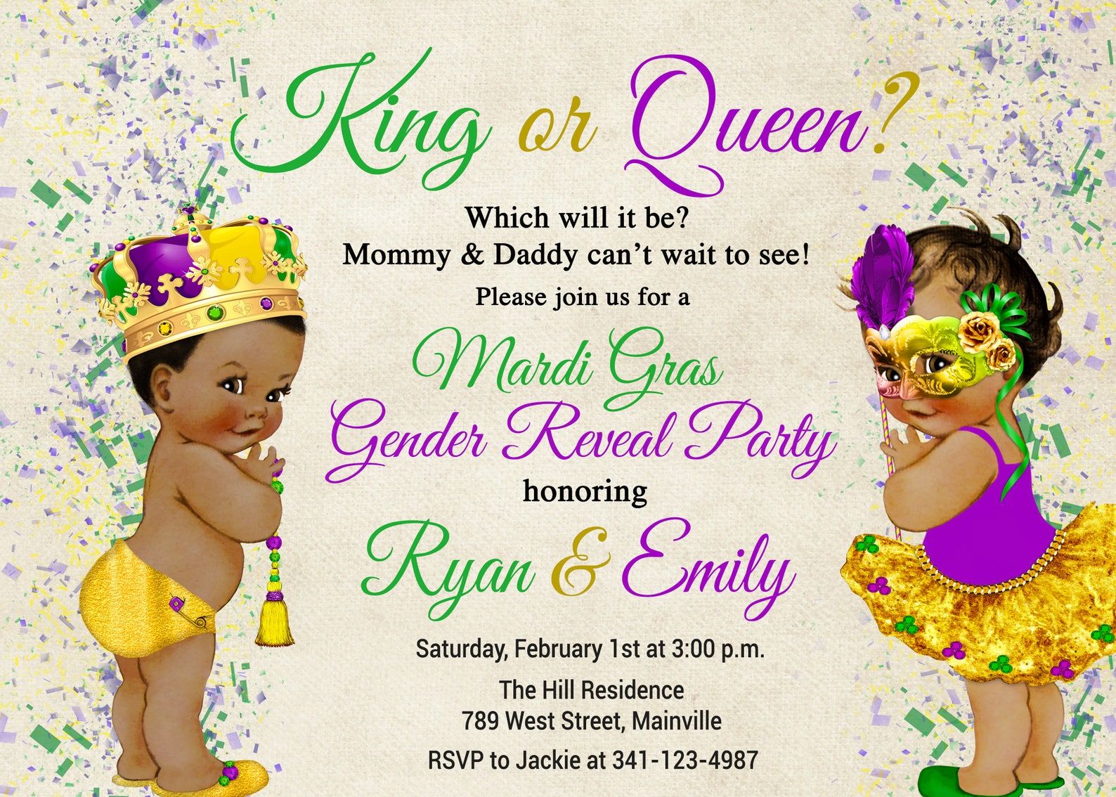 mardi gras themed gender reveal