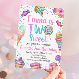Two Sweet Birthday Invitation, 2nd Birthday, Girl Donut Invitation, Two Year Dessert Invite, Candy Invitation, Second, Digital or Printed