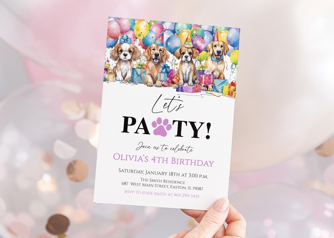Dog Party Invitation, Puppy Pawty Invite, Girl Dog Birthday Invitation ...