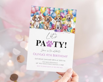 May include: A birthday party invitation with a purple paw print and the text "Let's PAWTY!"  Join us to celebrate Olivia's 4th Birthday. Saturday, January 18th at 3:00 PM. The Smith Residence, 687 West Main Street, Easton, IL 619087. RSVP to Jessie Smith at 465-290-3425. The invitation features a watercolor illustration of four dogs wearing party hats and surrounded by colorful balloons.