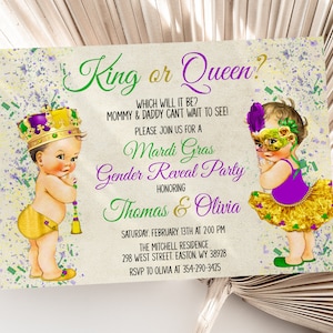 Mardi Gras Gender Reveal Invitation, King, Queen, Boy, Girl, Mardi Gras, Gender Reveal, Digital or Printed