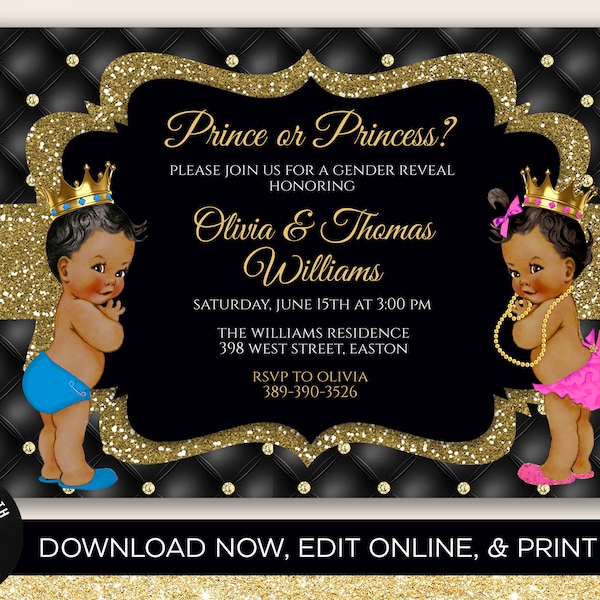 Prince ou princesse sexe révèlent Invitation, Prince, princesse, noir, or, Royal, couronne, numérique, modifiable, modèle, téléchargement immédiat