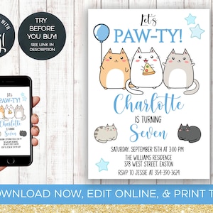 Cat Birthday Party Invitation, Cat Party, Kitty, Pawty, Paw-ty, Invite, Cat, Kitten, Cute, Boy, Girl, Digital, Instant Download