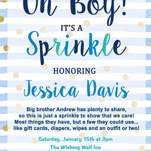 Baby Sprinkle Invitation, Baby Boy Sprinkle, Baby Shower, Sprinkle, Boy, Invitation, Blue, Gold, Confetti, Digital or Printed image 2