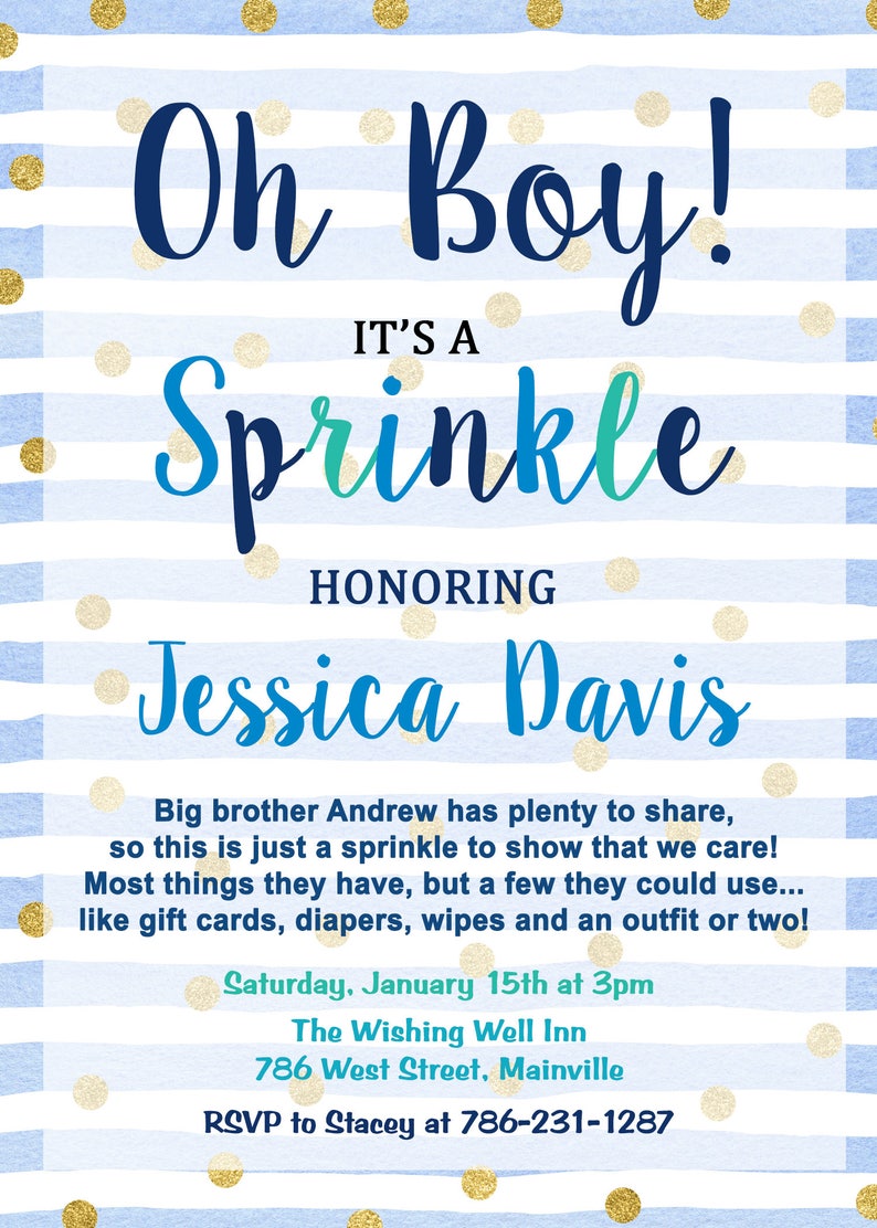 Baby Sprinkle Invitation, Baby Boy Sprinkle, Baby Shower, Sprinkle, Boy, Invitation, Blue, Gold, Confetti, Digital or Printed image 2