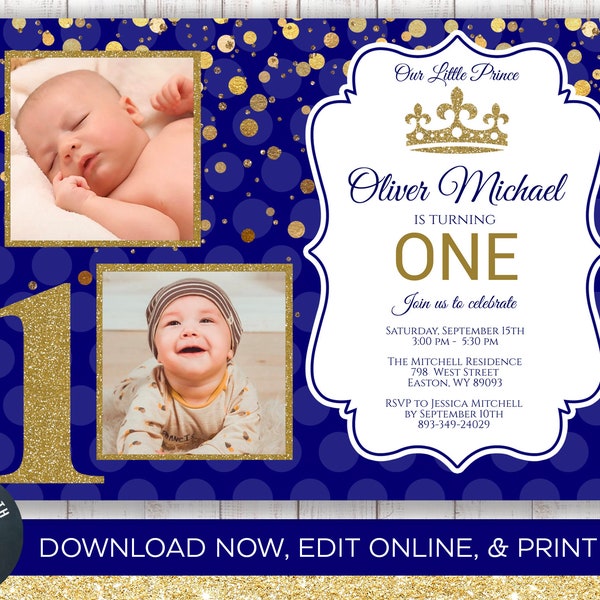 INSTANT DOWNLOAD, Prince Birthday Invitation, One, First Birthday, 1st, Boy, Prince, King, Royal, Blue, Gold, Photo, Prince Party, Digital