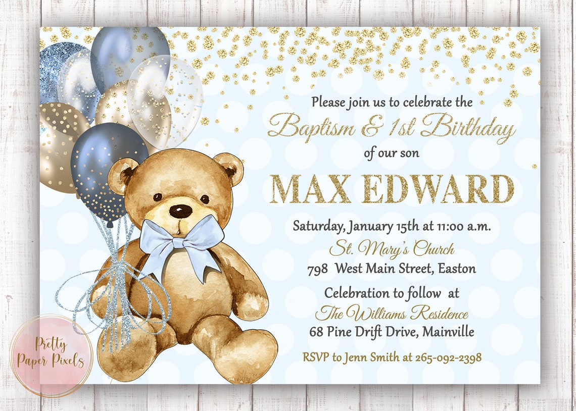 Bear Baptism First Birthday Invitation, Boy, Baby Boy, Teddy Bear, Blue, Gold, Baptism, Birthday