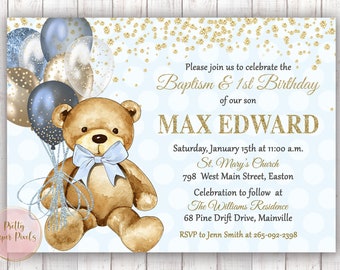 Ours baptême premier anniversaire Invitation, garçon, bébé garçon, ours en peluche, bleu, or, baptême, anniversaire, un, premier, 1er, numérique ou imprimé