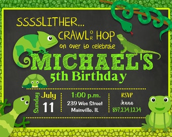 Reptile, Snake, Lizard, Turtle, Frog, Birthday Party Invitation, Digital or Printed