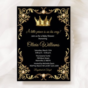 Prinz Royal Baby Shower Einladung, Little King Invite, Baby Boy, schwarz und gold, Krone, digital oder gedruckt