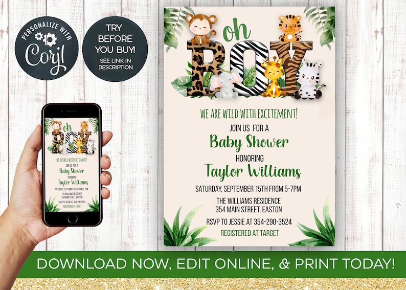 Jungle Safari Boy Baby Shower Invitation Boy Animals Boy Etsy