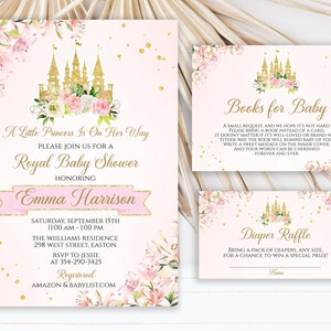 INSTANT DOWNLOAD Princess Castle Baby Shower Invitation Set, Baby Girl, Invitation, Books for Baby, Diaper Raffle Ticket, Editable Template