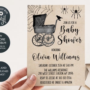 May include: A vintage-style baby shower invitation with a spooky theme. The design features a baby carriage, spiders, and a spiderweb. The invitation text includes the words "Baby Shower" and the name "Olivia Williams."