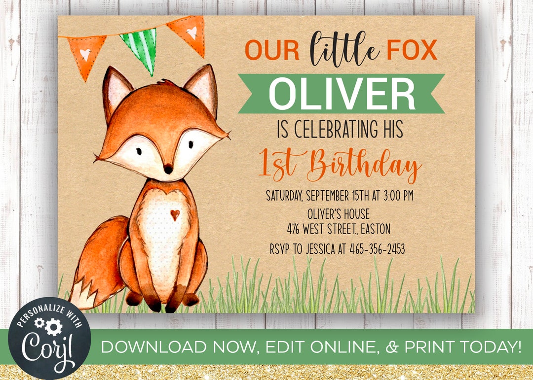 INSTANT DOWNLOAD Fox Birthday Party Invitation Fox Orange Green 1st Birthday One Any Age Editable Digital - Etsy instant-download-fox-birthday-party-invitation-fox-orange-green-1st-birthday-one-any-age-editable-digital-etsy