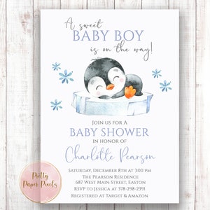 Pinguino Baby Shower Invito, Pinguino, Neonato, Ragazzo, Baby Shower, Inverno, Neve, Digitale o Stampato