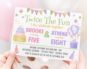 May include: A colorful birthday party invitation for two girls, Brooke turning five and Athena turning eight. The invitation features a cake, balloons, and stars. It says "Twice The Fun" and includes the date, time, and location of the party.