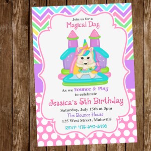 May include: A pink and purple birthday invitation featuring a cartoon unicorn in a bouncy castle. The invitation reads "Join us for a Magical Day" and "Jessica's 5th Birthday".