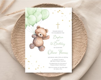 Invitación de osito de peluche para primer cumpleaños y bautismo, bautismo de niño, primer año, primer cumpleaños, celebración, digital o impresa