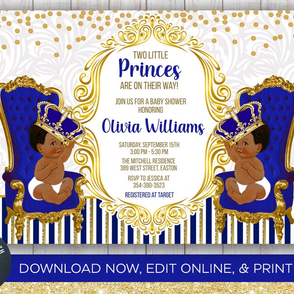 Twins Baby Shower Invitation, Twin, Boy, Prince, Princes, Royal, Crown, Baby Shower, Boys, Blue, Gold, Instant Download