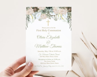 First Holy Communion Invitation, Siblings, Joint, First Communion, Brother, Sister, Floral, Neutral, Digital or Printed