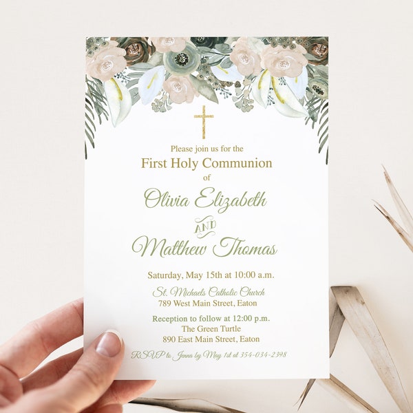 First Holy Communion Invitation, Siblings, Joint, First Communion, Brother, Sister, Floral, Neutral, Digital or Printed