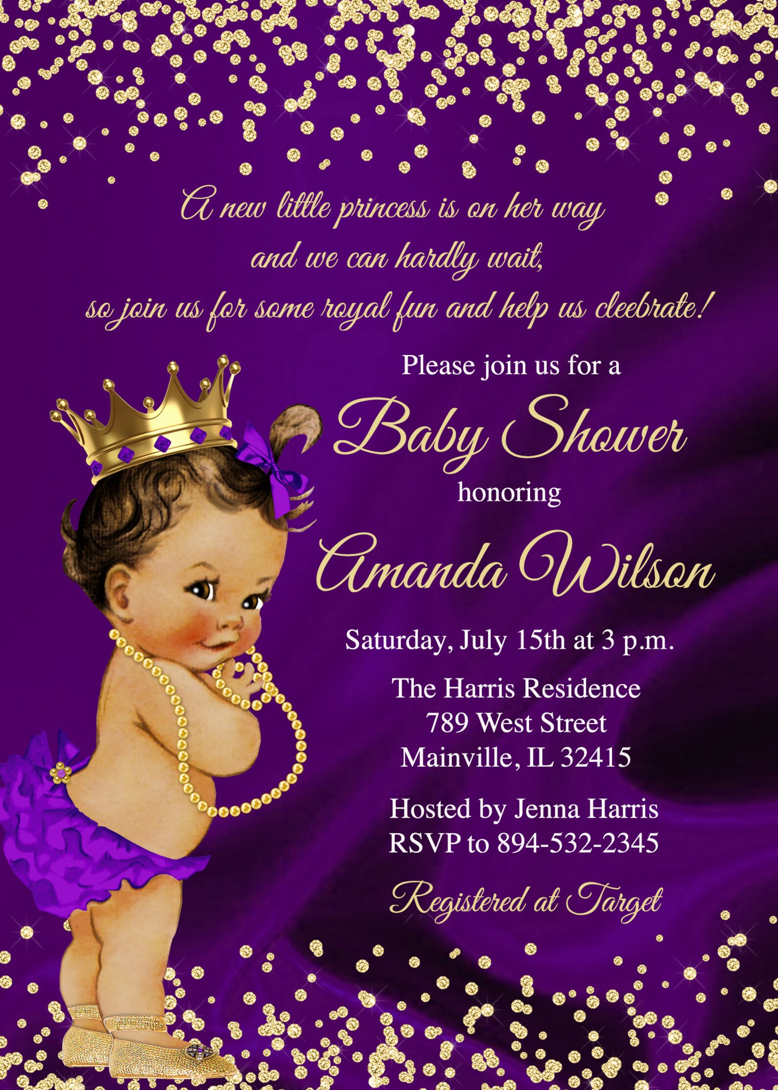 Princess Baby Shower Invitation Purple Lavender Gold Etsy