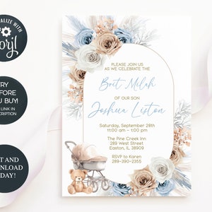 Brit Milah Invitation, Brit Milah Boho, Brit Milah Teddy Bear Invite, Modèle modifiable, Téléchargement instantané