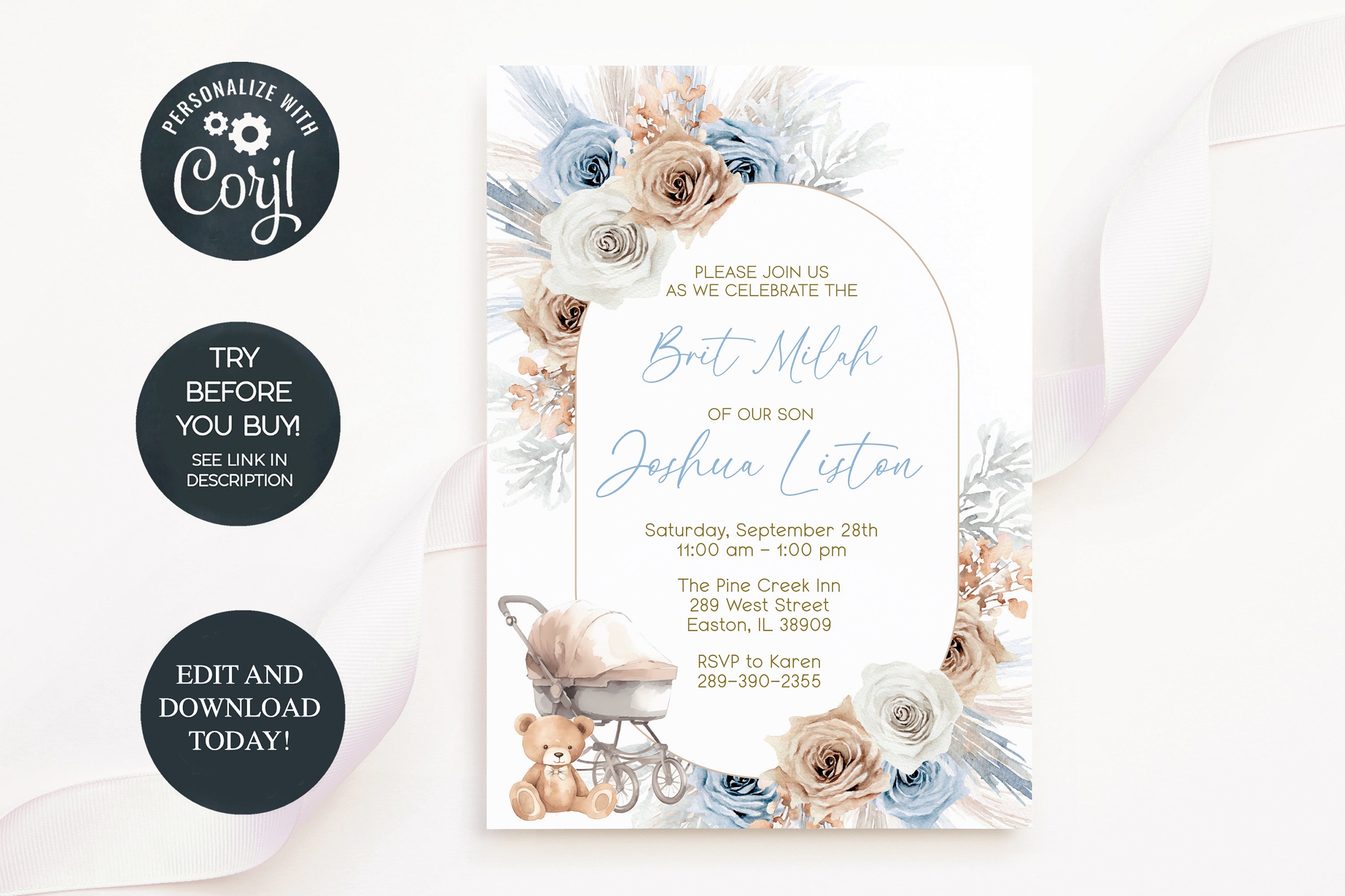 Brit Milah Invitation, Brit Milah Boho, Brit Milah Teddy Bear Invite ...