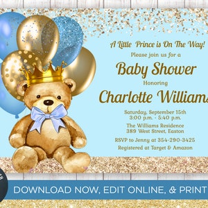 Invito doccia bambino principe orsacchiotto, reale, principe, re, neonato, blu, oro, orso, corona, digitale, download istantaneo