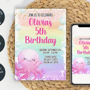 Convite para festa de aniversário de polvo, polvo, fundo do mar, arco-íris, ouro, menina, aniversário, natação, oceano, digital, editável, DOWNLOAD INSTANTÂNEO