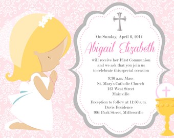 First Communion Invitation, Girl, Pink, Any Hair Color, Printable or Printed