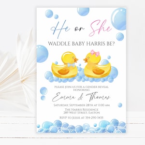Instant Download - Waddle it Be Duck Gender Reveal Invitation - Rubbery Ducky - Boy or Girl - He or She - Reveal Party - Editable Template
