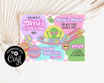 Invitación a fiesta de cumpleaños de niña extraterrestre, extraterrestre maravilloso, espacio exterior, fiesta espacial, ovni extraterrestre, plantilla editable, digital, descarga instantánea