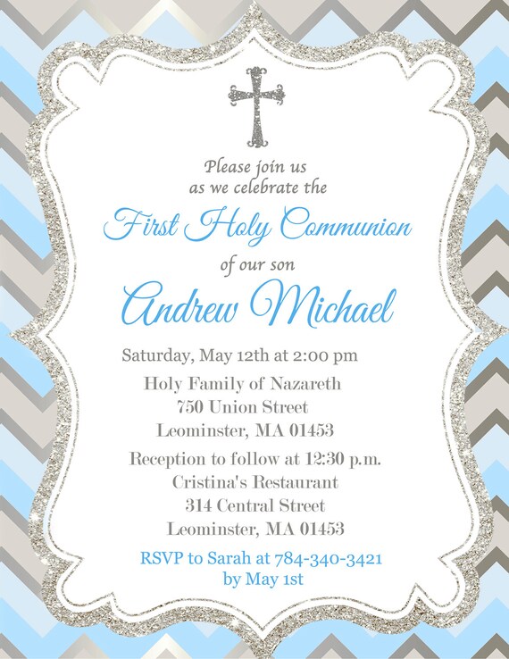 First Communion Invitation Boy Silver Blue Digital or Etsy