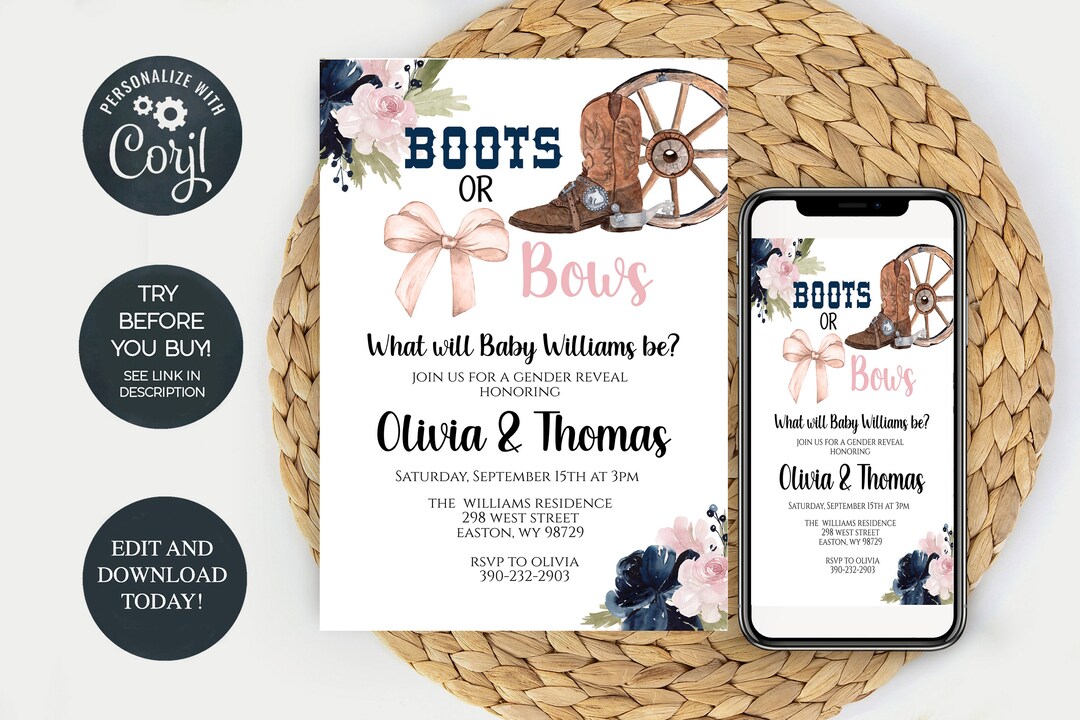 Boots or Bows Gender Reveal Invitations, Country, Western, Cowboy