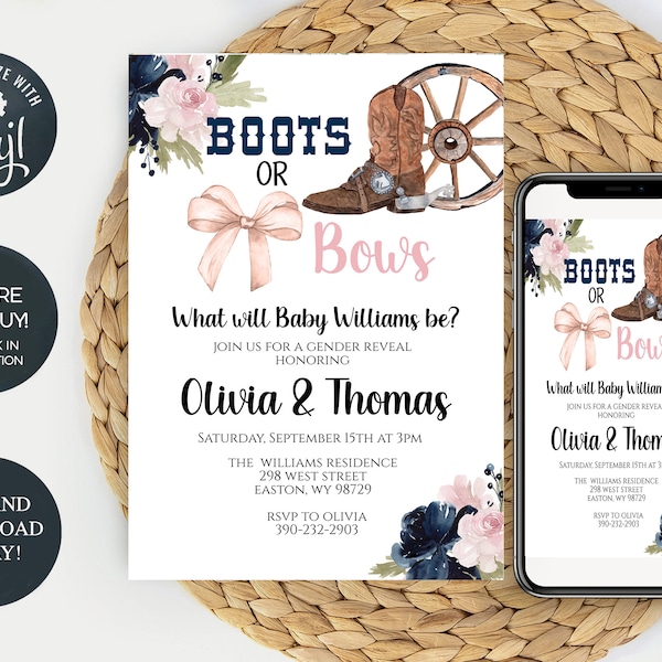 Boots or Bows Gender Reveal Invitations, Country, Western, Cowboy, Cowgirl, Boots, Bows, Digital, Editable, Template, INSTANT DOWNLOAD