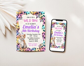 Invitación para fiesta de cumpleaños con diseño de guepardo y arcoíris, neón, leopardo, estampado animal, arcoíris, dorado, para adolescentes, preadolescentes, plantilla editable, DESCARGA INSTANTÁNEA