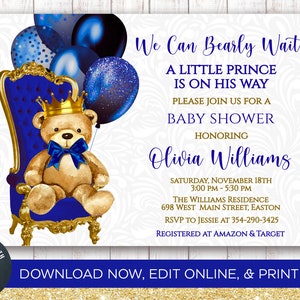 DOWNLOAD IMMEDIATO, Orso Principe Baby Shower Invito, Reale, Principe, Re, Orsacchiotto, Blu Navy, Palloncini, Digitale